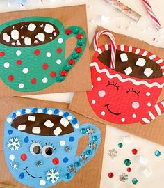 three paper bags decorated with coffee cups and candy canes