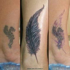 three different tattoos on the legs of people with feathers painted on their leg and feet