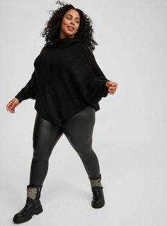 FIT Measures 32” from shoulder (size 2). Poncho silhouette. MATERIALS + CARE Acrylic blend knit fabric. 76% acrylic, 22% nylon, 2% spandex. Machine wash cold. Line dry. Imported. DETAILS Turtle neck. Ribbed details. Long sleeves. The best plus size women's chunky ribbed poncho sweater sweaters in deep black made of acrylicblend. Torrid is your destination for cozy fall and winter clothes to keep you warm and comfortable. Oversized Sweater With Tights, Sweater With Tights, Turtle Neck Outfits, All Black Clothes, Alaska Winter, New Street Style, Shoes For Leggings, Swimming Outfit, Poncho Sweater