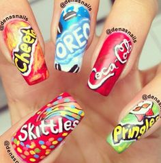 Funny and sweet nails Food Nail Art, Food Nails, Crazy Nail Art, Fake Nails Designs, Crazy Nails, Trendy Nail Design, Cute Nail Art, Cute Nail Designs, Cool Nail Designs