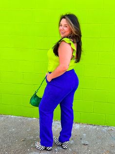 The Theme Park pants are here to amaze. The tapered leg is flattering on all body types, and the fabric is breathable and soft corduroy. The bright blue color and pockets make these pants a must-have all winter long! Seen paired with the emerald green Walk the Walk top and the Bright Green lounge tank. True to size. 100% Polyester Breathable and soft corduroy Pockets!! Style with greens, purples, oranges, and pinks Pair with a cute tank top or your favorite graphic tee! Haley is 5'4 and wearing Green Lounge, Rainbow Shop, Cute Tank Tops, Neutral Outfit, Corduroy Pants, Tee Shop, Hat Hairstyles, Skirt Pants, Sweater Jacket