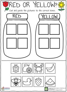 red or yellow? cut and paste the pictures to the correct boxes worksheet