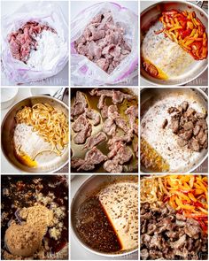 six pictures showing different types of food being cooked in pans and then mixed together