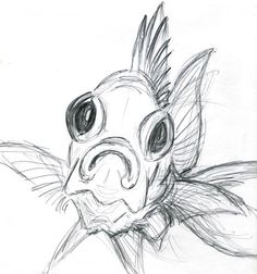 a pencil drawing of a fish with big eyes and large beaks on it's head