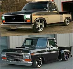 two pictures of an old pickup truck with chrome rims, and another photo of the same truck