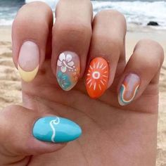 24 Piece Press-On Nails. New. Length: Medium Shape: Almond Colour: Orange, Blue, Yellow, White I Will Include Double Sided Nail Adhesive Stickers, File And Glue. French Tip Manicure, Beachy Nails, Nails Holiday, Unghie Nail Art, Colorful Nail Art, Colorful Nail