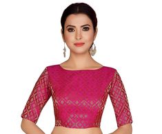 Women's Polyester Solid Half Sleeves pink ready made Saree Blouse. by saanvicreation4U on Etsy Pink Brocade, Boat Neck Blouse, Party Blouse, Silk Saree Blouse