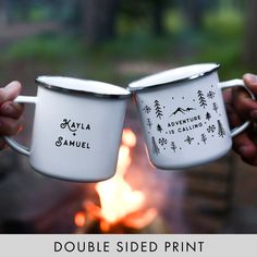 two people holding mugs over a campfire with the words double sided print on them