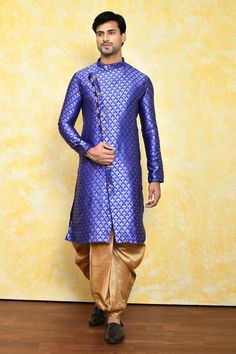 Royal blue jacquard kurta with floral motifs print. Comes with dark beige silk dhoti pant. - Aza Fashions Traditional Blue Sherwani For Diwali, Traditional Blue Sherwani With Pallu, Ceremonial Blue Kurta With Pallu, Traditional Royal Blue Kurta With Pallu, Blue Kurta For Puja With Traditional Drape, Traditional Royal Blue Kurta With Traditional Drape, Blue Traditional Drape Kurta For Puja, Blue Kurta For Puja And Transitional Season, Blue Bollywood Kurta With Traditional Patterns