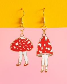 Shrinky Dink Earrings, Peach Design, Weird Jewelry, Mushroom Earrings, Funky Earrings, Funky Jewelry, Enamel Charms, Fun Earrings, 22k Gold