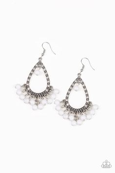 Paparazzi Positively Prismatic White Bead Silver Teardrop Hoop Earrings Paparazzi Jewelry Paparazzi Accessories, Exclusive Jewelry, White Rhinestone, Girls Necklaces, Paparazzi Jewelry, White Earrings, Rose Gold Necklace, White Beads, Beaded Dangles