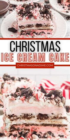 christmas ice cream cake on a white plate