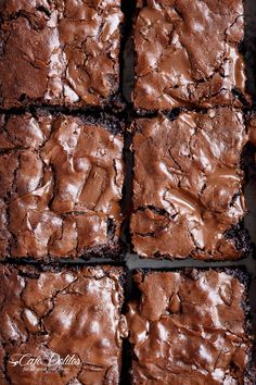 brownies with chocolate frosting are arranged in squares