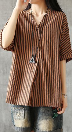 Summer Women Casual Blouse Cotton Linen Shirts Striped Women Tops Linen Shirts Women Tunic Tops, Tunic Tops Summer, Women Tunic, Linen Shirts Women, Linen Shirts, Striped Short Sleeve Shirt, Maxi Robes, Women Tunic Tops, Striped Short