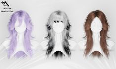 three different colored wigs with long hair