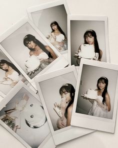 four polaroid photos of women in white dresses holding cakes and cake cutters, with one woman wearing a tiara on her head