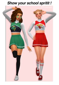 two women in cheerleader outfits with the words show your school spirit