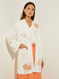 Discover the quality craftsmanship and comfort of Misook's Embroidered Floral Recycled Knit Oversized Cardigan in White/Sand/Sunset Red/Citrus Blossom/Pale Gold/Black. All of our designer knitwear and wovens come with complimentary shipping and returns. Sunset Red, Oversized Knit Cardigan, Designer Knitwear, Pale Gold, Oversized Cardigan, White Cardigan, Knitwear Design, White Sand, Fashion Advice