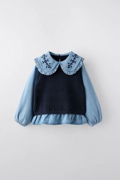 COMBINATION KNIT VEST AND SHIRT - Navy blue | ZARA United States Stylish Baby Girl Outfits, Stylish Baby Girls, Zara Portugal, Bib Collar, Cargo Shirts, Cardigan Sweater Dress, T Shirt Vest, Knit Vest, Shirt Skirt