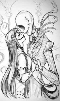 a drawing of jack and sally hugging each other