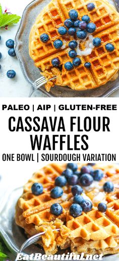 two waffles with blueberries on top and the words paleo & air cassavaa flour waffles