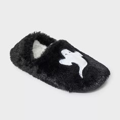 Women's Ghost Embroidered Halloween Faux Fur Pull-on Slipper Socks With Grippers - Hyde & Eek! Boutique™ Black/white S/m : Target Halloween Slippers, Embroidered Ghost, Embroidered Halloween, Target Halloween, Embroidered Slippers, Trip Outfits, Faux Fur Slippers, Ghost Design, Round Toe Shoes