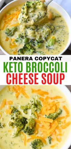 broccoli cheese soup in a white bowl with text overlay that reads panera copycat creamy keto broccoli cheese soup