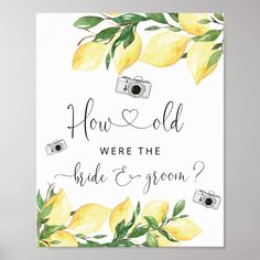 a wedding sign with lemons and cameras