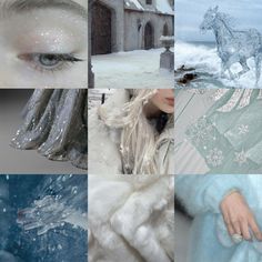 a collage of photos with snow, ice and a horse in the middle one is wearing a fur coat