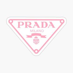 a pink sticker with the word prada on it and an image of a shield