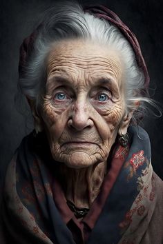 an old woman with white hair and blue eyes