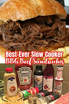 BEST-EVER SLOW COOKER BBQ BEEF SANDWICHES (EASY) Slow Cooker Bbq Beef, Bbq Beef Sandwiches, Easy Potluck, Roast Beef Sandwich, Crockpot Recipes Beef Stew, Beef Sandwiches, Slow Cooker Bbq, Slow Cooker Recipe, Crockpot Recipe