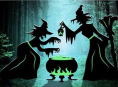 three witches with caulders in the woods