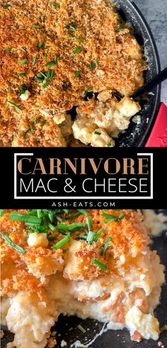 an image of cauliflower macaroni and cheese in a skillet with the title above it