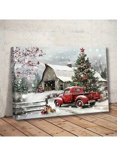 an old red truck is parked in front of a christmas tree with presents on it