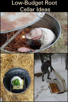 a collage of pictures showing how to build a low - budget root cellar in the snow