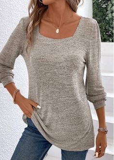 Color:Light Camel;Size:S;Size:M;Size:L;Size:XL;Size:2XL;Package Contents:1 X T Shirt;Occasion:Other;Style:Casual; Casual Taupe Long Sleeve Tops, Casual Taupe Tops For Fall, Everyday Taupe Top For Fall, Casual Beige T-shirt For Fall, Beige Everyday Top, Square Neck Long Sleeve, Blue Jumpsuits, Lovely Tops, Solid & Striped