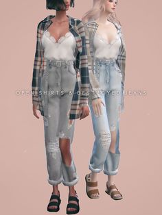 two women are standing next to each other wearing clothes with holes on the sides and ripped jeans