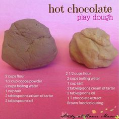 the ingredients for hot chocolate play dough are displayed on a pink and white background with text