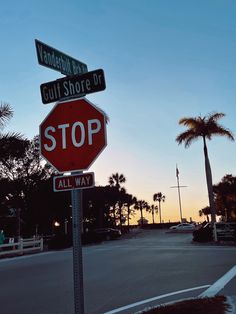 a red stop sign sitting on the side of a road next to palm trees at sunset