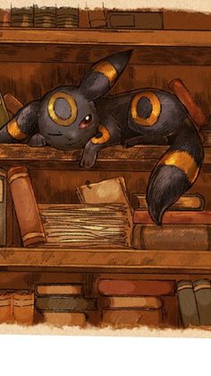 an illustration of a cat laying on top of a book shelf next to some books