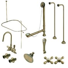 an assortment of bathroom fixtures including shower faucets and hand held showerheads