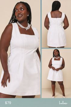 Show off your angelic aesthetic in the Lulus Pure Hearted White Pearl Square Neck Sleeveless Mini Dress! Slightly stretchy twill shapes this sweet dress with wide straps and a trendy square neckline, all trimmed with gleaming faux pearls. The fitted, seamed bodice continues into a slightly pleated A-line skirt that ends at a mini hem. Hidden back zipper/clasp. Fit: This garment fits true to size. Length: Mid-thigh. Size medium measures 32.5" from shoulder to hem. Bust: Great for any cup size. Waist: Fitted - very fitted at natural waist. Hip: Not Fitted - fuller skirt allows room for hips. Undergarments: May be worn with a strapless bra, adhesive bra, petals, or no bra. Fabric: Fabric has no stretch. Lined. Shell: 100% Polyester. Lining: 100% Polyester. Exclusive Of Decoration. Hand Wash C Square Neck Mini Dress For Daywear, White Sleeveless Fitted Dress With Square Neck, Cotton Mini Dress With Square Neck And Lining, White Sleeveless Square Neck Fitted Dress, Chic White Sleeveless Dress With Square Neck, Fitted Sleeveless Sundress With Square Neck, White Sleeveless Sundress With Square Neck, Fitted Bodice Sleeveless Square Neck Dress For Summer, Sleeveless Square Neck Dress With Fitted Bodice For Summer