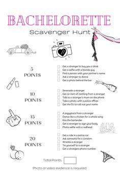 the bachelorette scavenger hunt is shown in black and white with pink accents