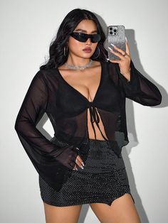 ICON Plus Size Women's Tie-Front Bow Black Knit Top, Halloween Party Sheer Blouse Black Sexy  Long Sleeve Mesh Fabric Plain  High Stretch  Women Plus Clothing, size features are:Bust: ,Length: ,Sleeve Length: Top Transparente, Black Knit Top, Black Sheer Blouse, Womens Tie, Fete Halloween, Kids Sleepwear, Sheer Blouse, Black Knit, Plus Size Tops