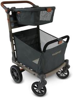 a baby stroller with wheels and a basket