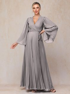 Silver Pleated V-neck Evening Dress For Wedding, Pleated V-neck Gown For Party, Pleated Floor-length Bridesmaid Dress, Long Sleeve Pleated Evening Dress For Wedding, Chiffon Pleated Evening Dress For Party, Pleated Chiffon Evening Dress For Party, Pleated Chiffon Dress For Wedding, Flowy Floor-length Bridesmaid Dress For Party, Flowy Long Sleeve Bridesmaid Evening Dress