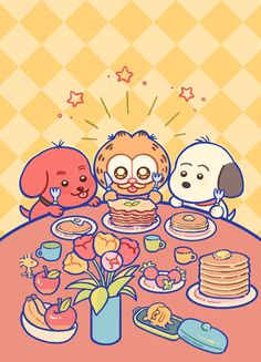 three dogs sitting at a table with food on it