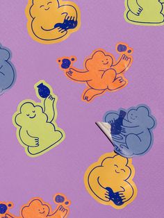 an assortment of stickers on a purple background with blue, yellow and orange bears