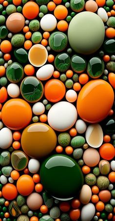 an abstract painting with oranges, green and white balls in the shape of circles